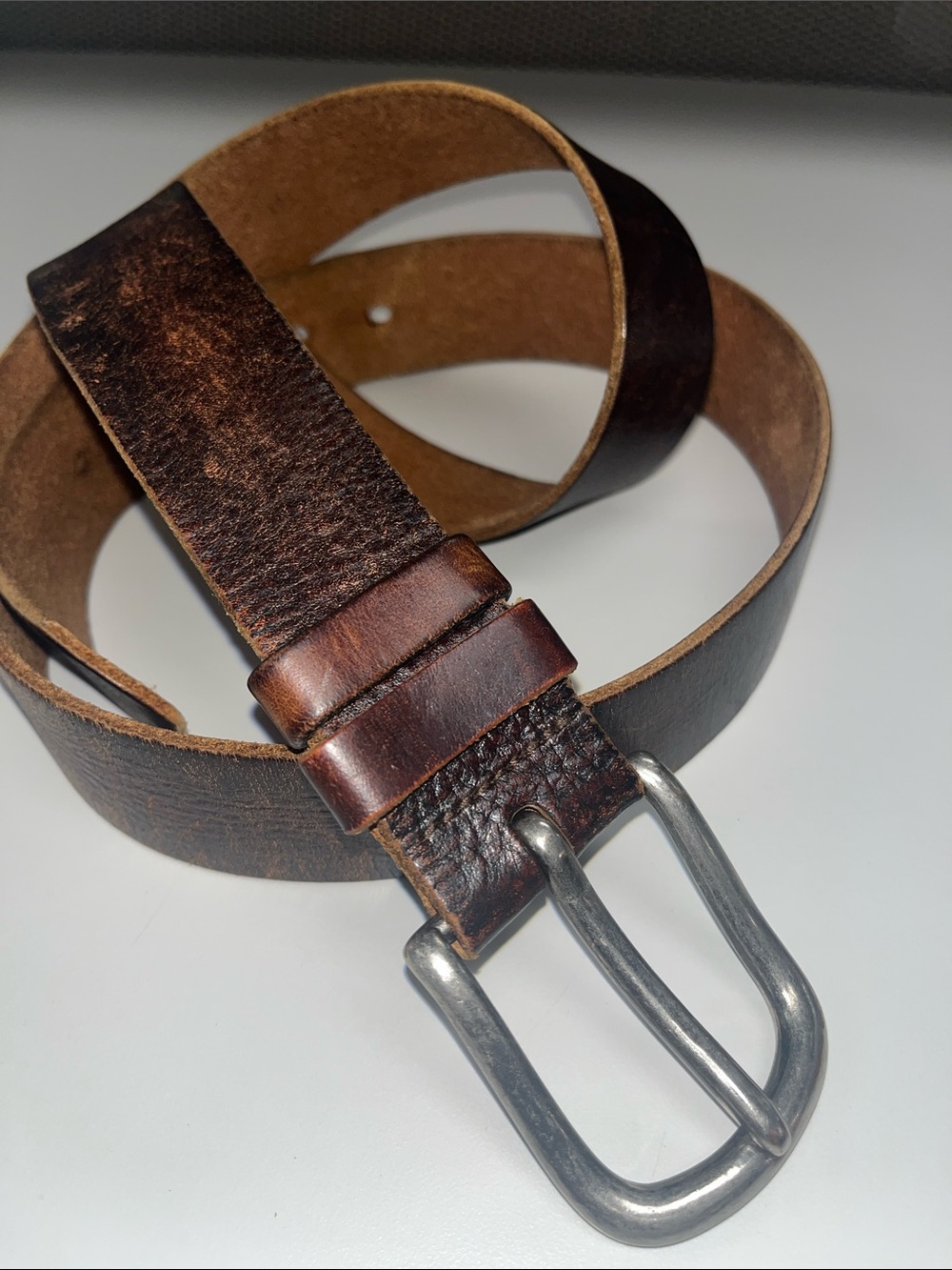 Source Unknown Distressed Brown Leather Belt with Silver Buckle